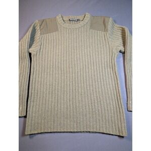 Prague Military Sweater Olive Green Shoulder Patches Mens 100% Wool Ribbed  Med